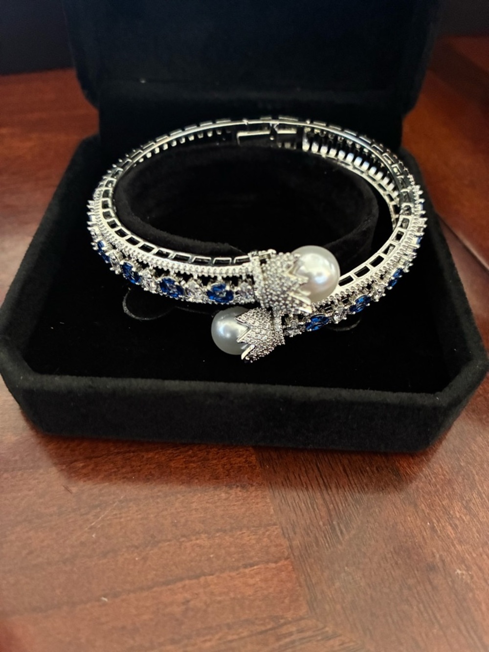 Silver tone Bracelet with Blue CZ and Pearl Accents